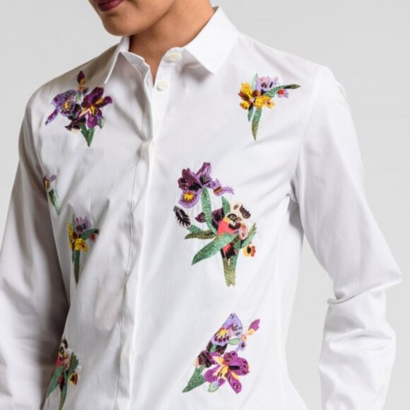 Etro Tops - Etro Embroidered Beaded Blouse Floral Cotton Button Up Size 48 Made In Italy